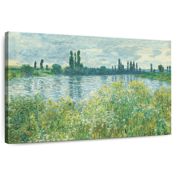 Elephant Stock Banks Of The Seine Vetheuil Wall Art - Horizontal Canvas Wall Art - Lobby Wall Decor - Nature Canvas - Blue And Gray Decor By Claude Monet - 24" x 16"
