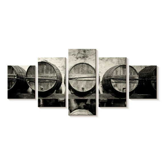 Elephant Stock Barrels Of Wine Wall Art - Horizontal Multi Panel Canvas - Living Room Wall Decor - Food And Drink Multi Panel - Black And Gray Decor - 29" x 12"