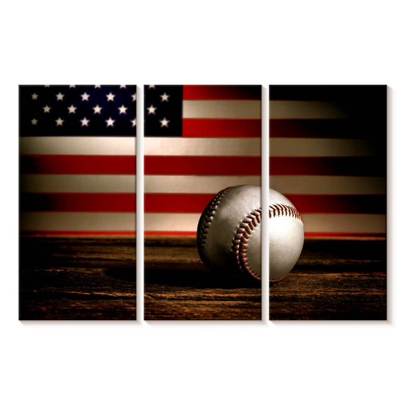Elephant Stock Baseball American Flag Wall Art - Horizontal Multi Panel Canvas - Living Room Wall Decor - Sports Multi Panel - Brown And Red Decor - 74" x 48"