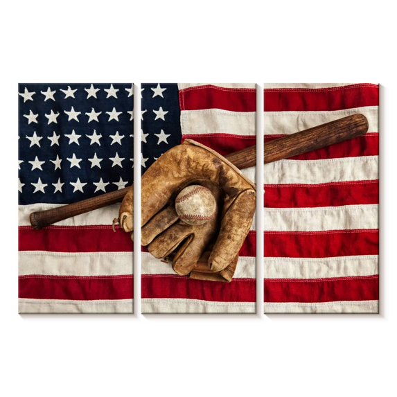 Elephant Stock Baseball Gear American Flag Wall Art - Horizontal Multi Panel Canvas - Living Room Wall Decor - Sports Multi Panel - Red And Brown Decor - 74" x 48"