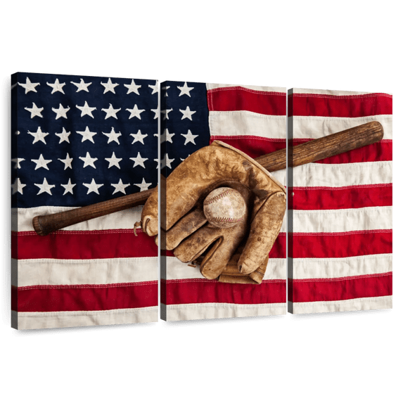 Elephant Stock Baseball Gear American Flag Wall Art - Horizontal Multi Panel Canvas - Living Room Wall Decor - Sports Multi Panel - Red And Brown Decor - 74" x 48"