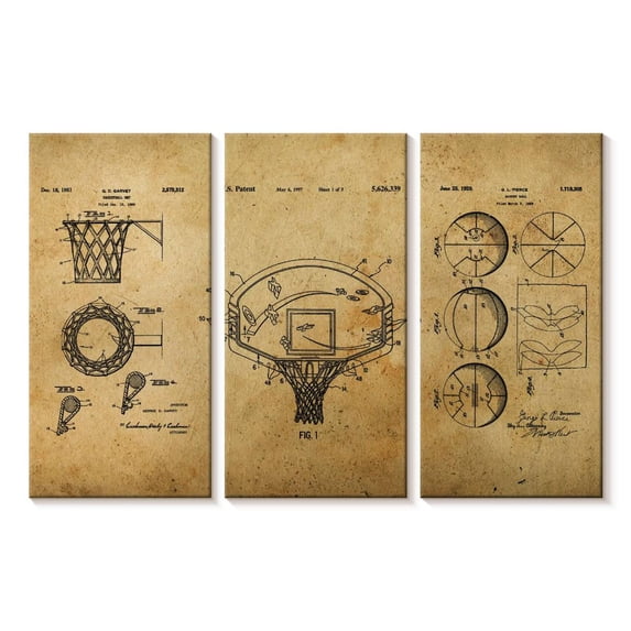 Elephant Stock Basketball Patent Compilation Wall Art - Horizontal Multi Panel Canvas - Living Room Wall Decor - Sports Multi Panel - Brown And Yellow Decor - 23" x 14"