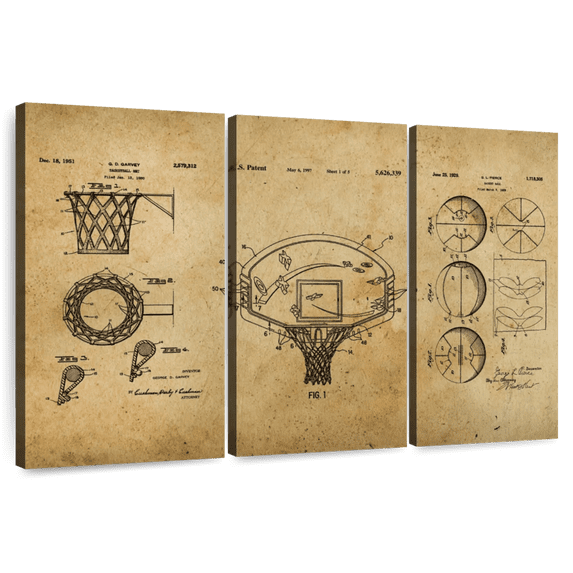 Elephant Stock Basketball Patent Compilation Wall Art - Horizontal Multi Panel Canvas - Living Room Wall Decor - Sports Multi Panel - Brown And Yellow Decor - 33" x 20"