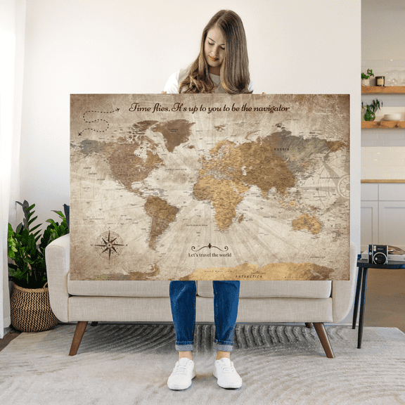 Elephant Stock Be The Navigator Push Pin World Map Wall Art - Map Canvas Art - 24" x 16"