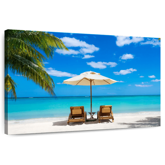 Elephant Stock Beach Deckchairs Wall Art - Horizontal Canvas Wall Art - Living Room Wall Decor - Beach Canvas - Blue And Green Decor - 36" x 24"
