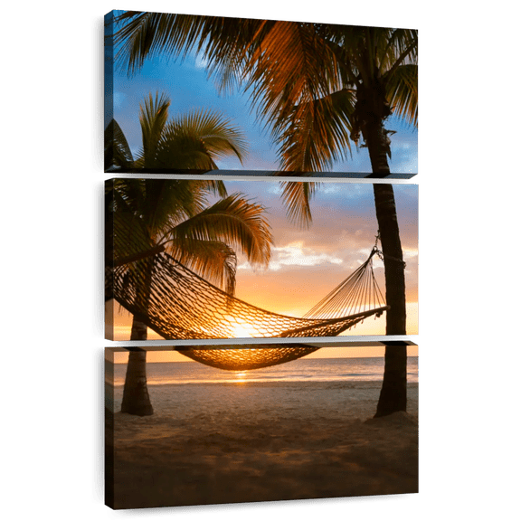 Elephant Stock Beach Scene Hammock Wall Art - Vertical Multi Panel Canvas - Living Room Wall Decor - Beach Multi Panel - Brown And Green Decor - 20" x 32"