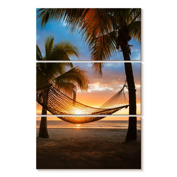 Elephant Stock Beach Scene Hammock Wall Art - Vertical Multi Panel Canvas - Living Room Wall Decor - Beach Multi Panel - Brown And Green Decor - 48" x 74"