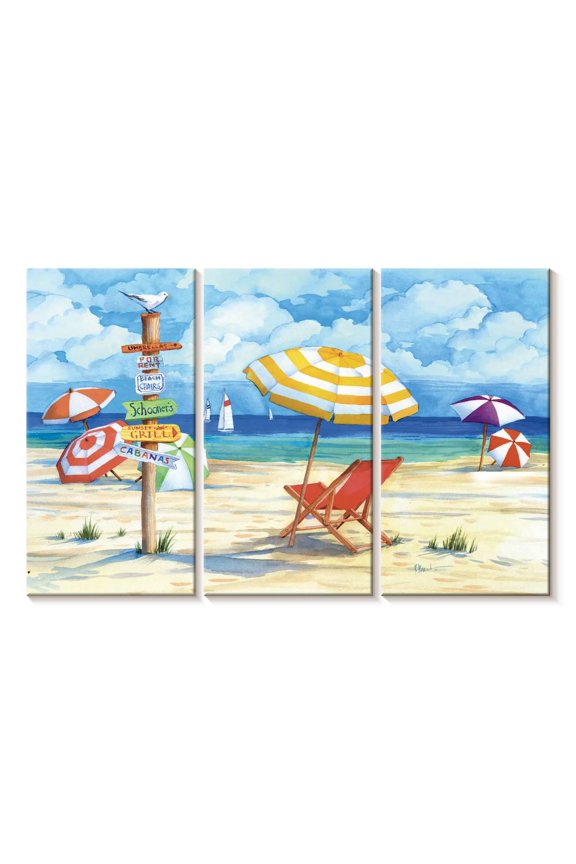 Beach Signs Umbrellas Wall Art - Horizontal Multi Panel Canvas - Living Room Wall Decor - Beach Multi Panel - Blue And Beige Decor By Paul Brent - 33" x 20"