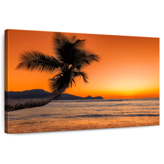 Elephant Stock Beach Sunrise Palm Wall Art - Horizontal Canvas Wall Art - Living Room Wall Decor - Beach Canvas - Gray And Orange Decor - 24" x 16"