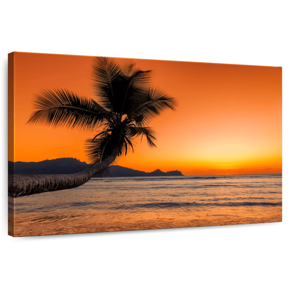 Elephant Stock Beach Sunrise Palm Wall Art - Horizontal Canvas Wall Art - Living Room Wall Decor - Beach Canvas - Gray And Orange Decor - 36" x 24"