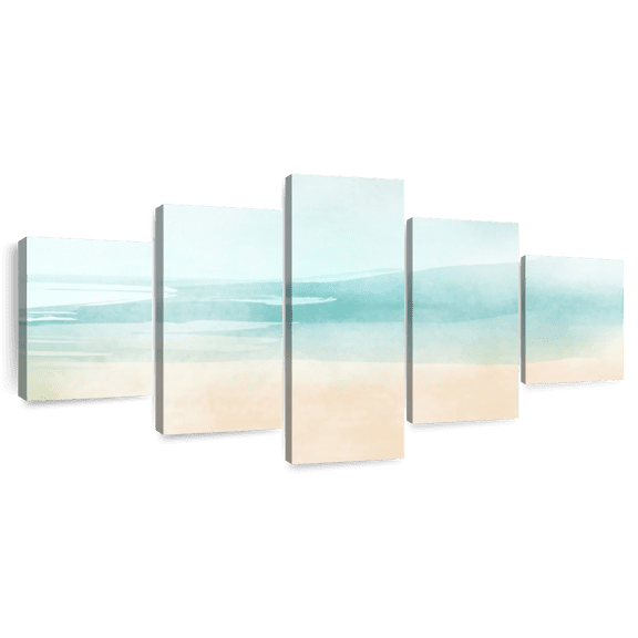 Elephant Stock Beach Water Wall Art - Horizontal Multi Panel Canvas - Living Room Wall Decor - Abstract Multi Panel - Beige And Blue Decor - 74" x 34"