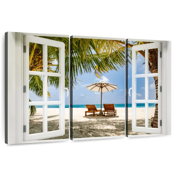 Elephant Stock Beach Window Wall Art - Horizontal Multi Panel Canvas - Living Room Wall Decor - Beach Multi Panel - Beige And Brown Decor - 74" x 48"