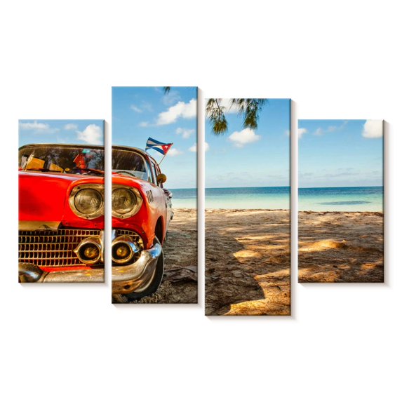Elephant Stock Beachside Vintage Car Wall Art - Horizontal Multi Panel Canvas - Living Room Wall Decor - Beach Multi Panel - Blue And Brown Decor - 75" x 48"