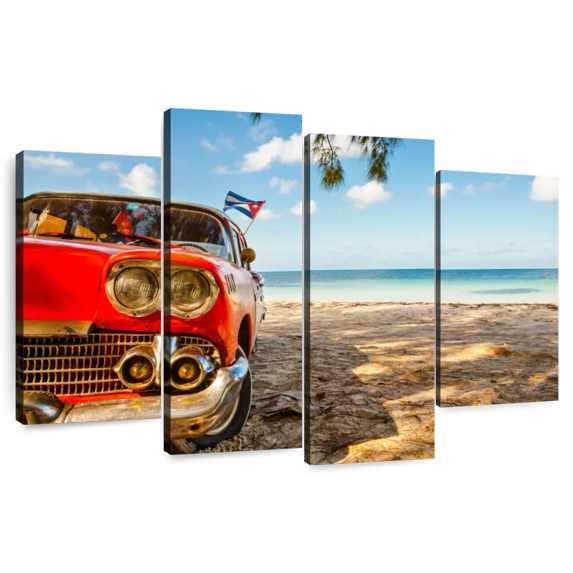 Elephant Stock Beachside Vintage Car Wall Art - Horizontal Multi Panel Canvas - Living Room Wall Decor - Beach Multi Panel - Blue And Brown Decor - 75" x 48"