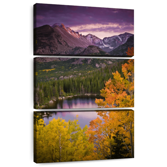 Elephant Stock Bear Lake Fall Sunset Wall Art - Vertical Multi Panel Canvas - Living Room Wall Decor - Nature Multi Panel - Blue And Purple Decor - 42" x 65"