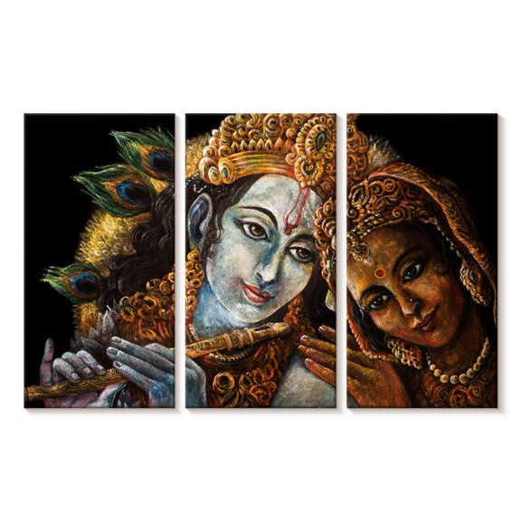 Elephant Stock Beautiful Radha Krishna Wall Art - Horizontal Multi Panel Canvas - Living Room Wall Decor - Religion And Spirituality Multi Panel - Black And Gold Decor - 45" x 28"