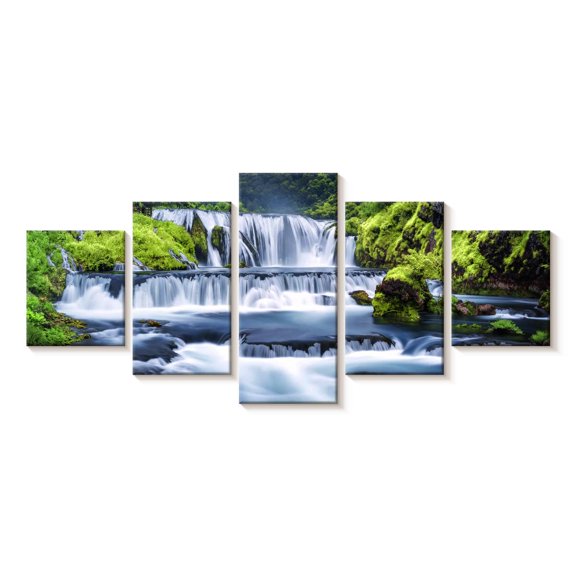 Elephant Stock Beautiful Waterfall Wall Art - Horizontal Multi Panel Canvas - Living Room Wall Decor - Wellness Multi Panel - Blue And Green Decor - 68" x 30"
