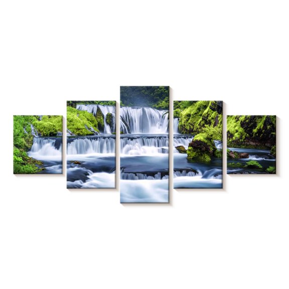 Elephant Stock Beautiful Waterfall Wall Art - Horizontal Multi Panel Canvas - Living Room Wall Decor - Wellness Multi Panel - Blue And Green Decor - 92" x 42"