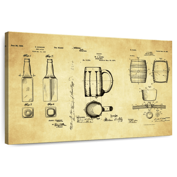 Elephant Stock Beer Compilation Patent Wall Art - Horizontal Canvas Wall Art - Dining Room Wall Decor - Patent Canvas - Black And Yellow Decor - 12" x 8"