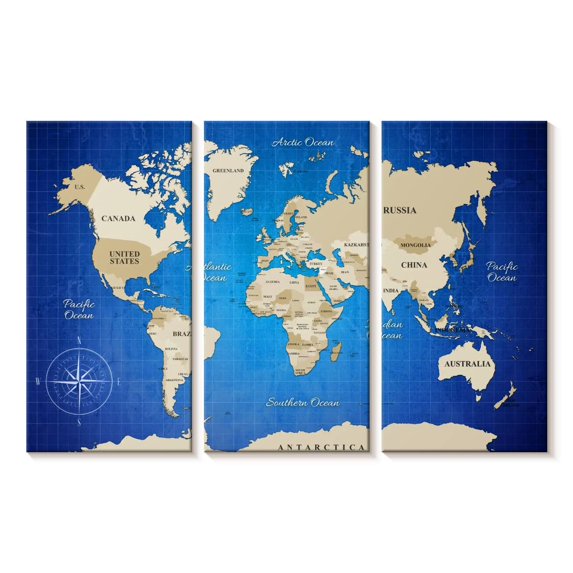 Elephant Stock Beige Longitude World Map Wall Art - Horizontal Multi Panel Canvas - Living Room Wall Decor - Map Multi Panel - Blue And Beige Decor - 23" x 14"