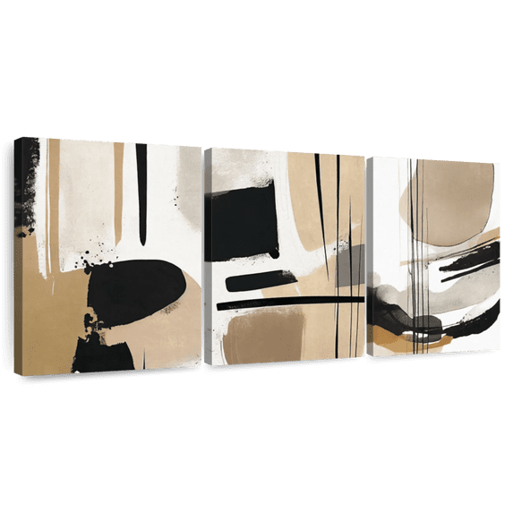 Elephant Stock Beige Modern Abstract Triptych Wall Art - Horizontal Multi Panel Canvas - Living Room Wall Decor - Abstract Multi Panel - Brown And White Decor - 38" x 18"