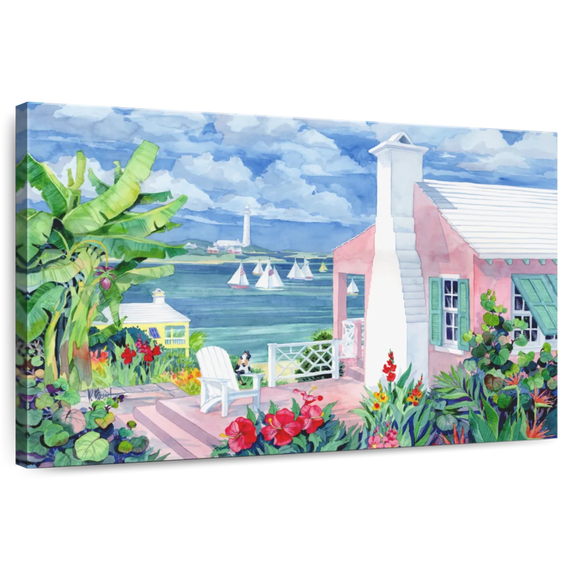 Elephant Stock Bermuda Cove Wall Art - Horizontal Canvas Wall Art - Living Room Wall Decor - Architecture Canvas - Blue And Pink Decor By Paul Brent - 51" x 34"