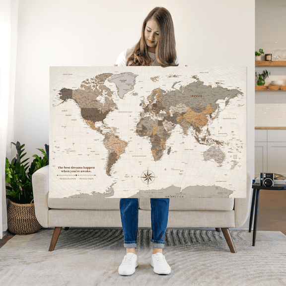 Elephant Stock Best Dreams Push Pin World Travel Map Wall Art - Map Canvas Art - 24" x 16"