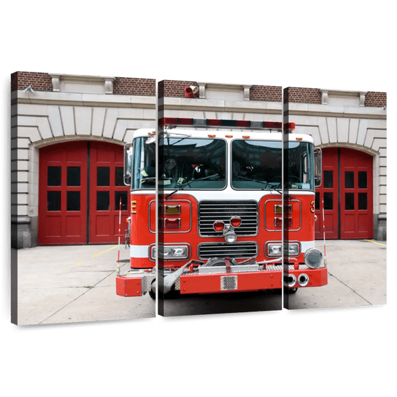 Elephant Stock Big Red Fire Truck Wall Art - Horizontal Multi Panel Canvas - 3 Pieceliving Room Wall Decor - Photography Transportation Multi Panel - Brown And Gray Decor - 65" x 42"