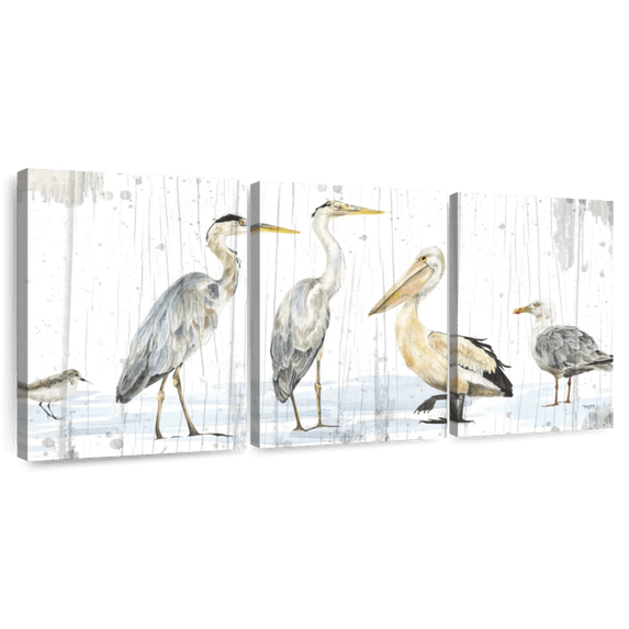 Elephant Stock Birds Of The Coast Rustic Panel Wall Art - Horizontal Multi Panel Canvas - Living Room Wall Decor - Animal Multi Panel - White And Gray Decor By Tara Reed - 26" x 12"