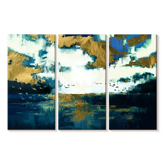 Elephant Stock Birds And Sea Wall Art - Horizontal Multi Panel Canvas - Living Room Wall Decor - Abstract Multi Panel - White And Blue Decor - 50" x 32"