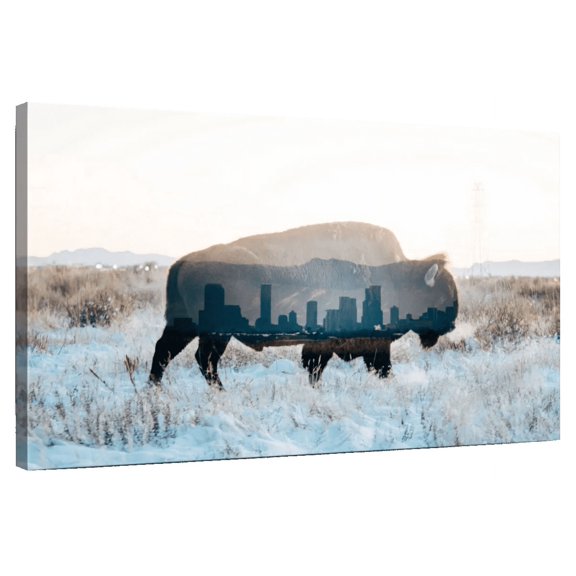 Elephant Stock Bison And Skyline Wall Art - Horizontal Canvas Wall Art - Living Room Wall Decor - Animal Canvas - Blue And Brown Decor - 48" x 32"