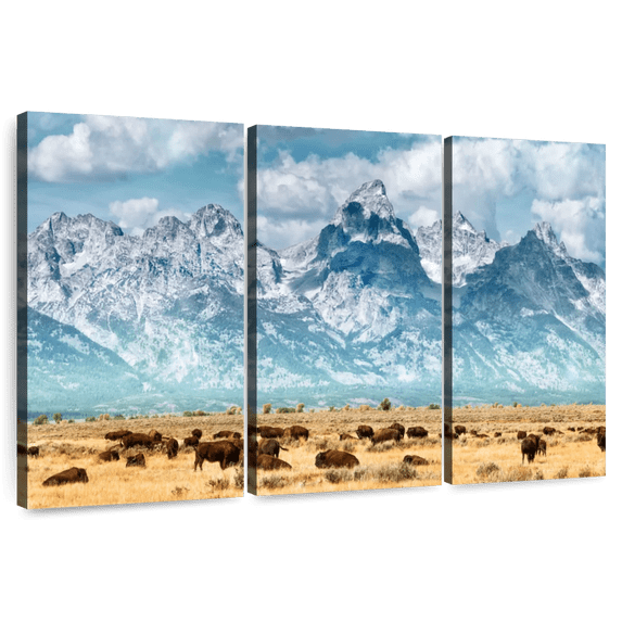 Elephant Stock Bison Herd In Grand Teton Wall Art - Horizontal Multi Panel Canvas - Living Room Wall Decor - Animal Multi Panel - Brown And Blue Decor - 33" x 20"