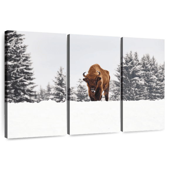 Elephant Stock Bison At Winter Fields Wall Art - Horizontal Multi Panel Canvas - Living Room Wall Decor - Animal Multi Panel - Gray And Brown Decor - 74" x 48"