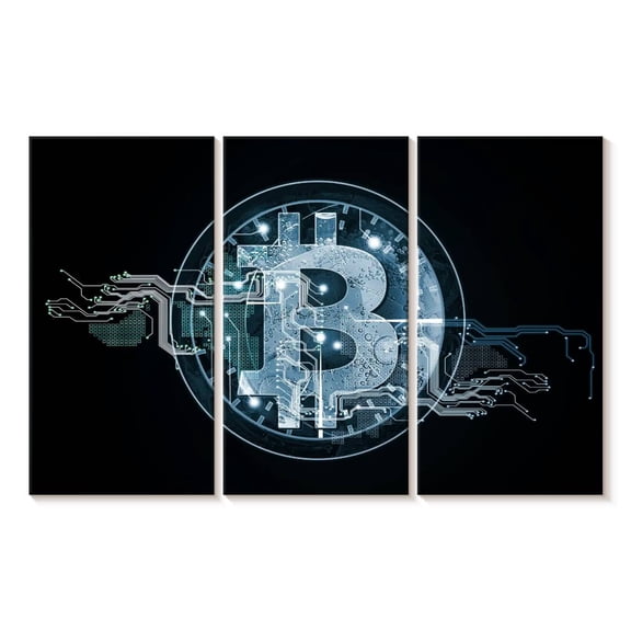 Elephant Stock Bitcoin Crypto Wall Art - Horizontal Multi Panel Canvas - Living Room Wall Decor - Decor Elements Multi Panel - Black And Blue Decor - 33" x 20"