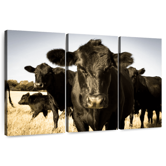 Elephant Stock Black Angus Cattle Wall Art - Horizontal Multi Panel Canvas - Living Room Wall Decor - Animal Multi Panel - Beige And Black Decor - 33" x 20"