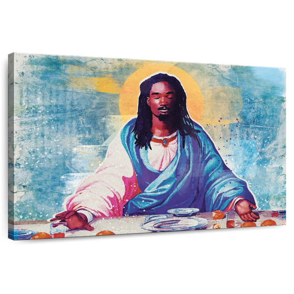 Elephant Stock Black Jesus I Wall Art - Horizontal Canvas Wall Art - Bedroom Wall Decor - Religion And Spirituality Canvas - Blue And Pink Decor - 48" x 32"