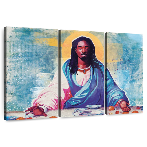 Elephant Stock Black Jesus I Wall Art - Horizontal Multi Panel Canvas - Living Room Wall Decor - Religion And Spirituality Multi Panel - Blue And Pink Decor - 45" x 28"
