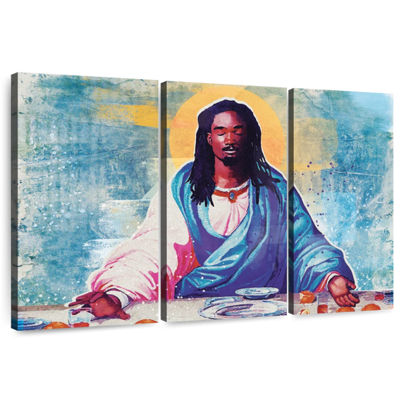 Elephant Stock Black Jesus I Wall Art - Horizontal Multi Panel Canvas - Living Room Wall Decor - Religion And Spirituality Multi Panel - Blue And Pink Decor - 65" x 42"