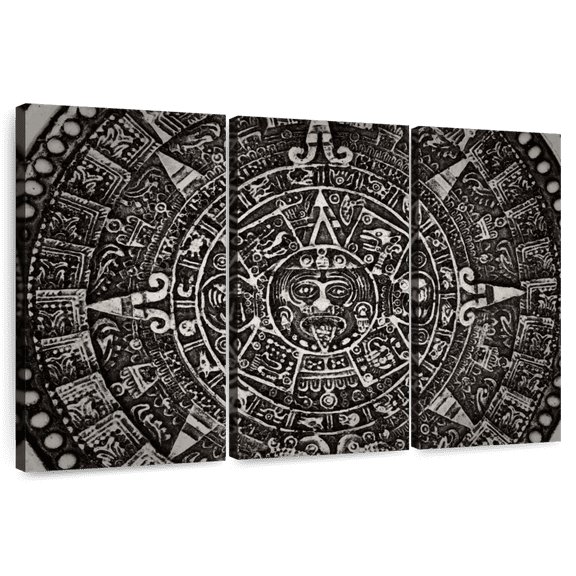 Elephant Stock Black Mayan Calendar Wall Art - Horizontal Multi Panel Canvas - Living Room Wall Decor - Decor Elements Multi Panel - Black And Gray Decor - 33" x 20"