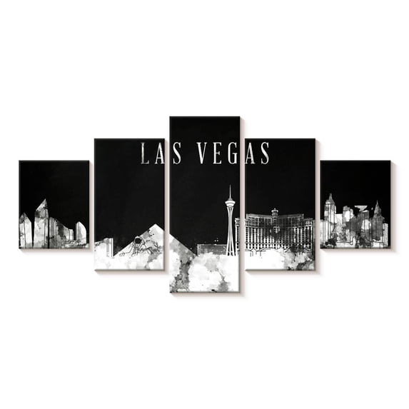 Elephant Stock Black And White Las Vegas Wall Art - Horizontal Multi Panel Canvas - Living Room Wall Decor - City Multi Panel - Black And Gray Decor - 42" x 19"