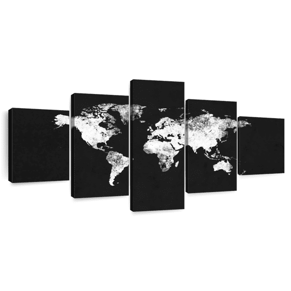 Elephant Stock Black And White Map Wall Art - Horizontal Multi Panel Canvas - Living Room Wall Decor - Map Multi Panel - Black And White Decor - 74" x 34"