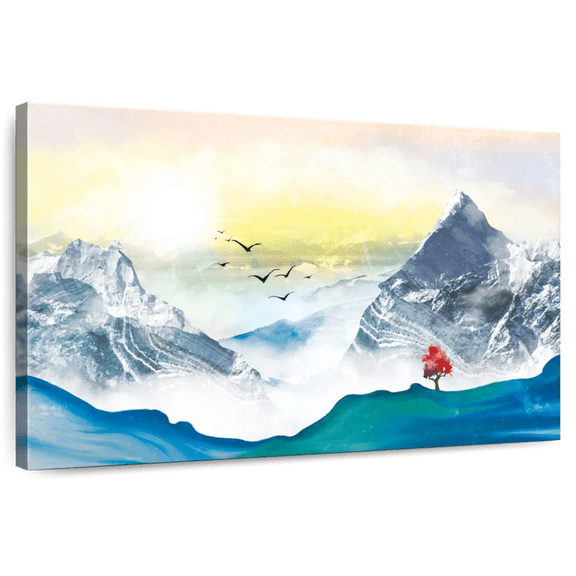 Elephant Stock Blazing Tree And Abstract Mountain Wall Art - Horizontal Canvas Wall Art - Living Room Wall Decor - Abstract Canvas - Beige And Yellow Decor - 12" x 8"