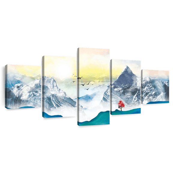 Elephant Stock Blazing Tree And Abstract Mountain Wall Art - Horizontal Multi Panel Canvas - Living Room Wall Decor - Abstract Multi Panel - Beige And Yellow Decor - 92" x 42"