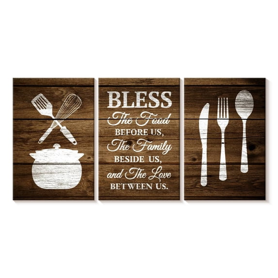 Elephant Stock Bless The Food Wall Sign Wall Art - Horizontal Multi Panel Canvas - Kitchen Wall Decor - Wall Signs Multi Panel - White And Brown Decor - 62" x 30"