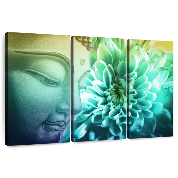 Elephant Stock Blue Buddha Wall Art - Horizontal Multi Panel Canvas - Living Room Wall Decor - People Multi Panel - Teal And Turquoise Decor - 74" x 48"