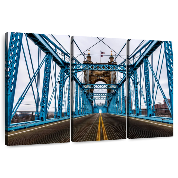 Elephant Stock Blue Cincinnati Bridge Wall Art - Horizontal Multi Panel Canvas - Living Room Wall Decor - Architecture Multi Panel - Teal And Brown Decor - 38" x 24"