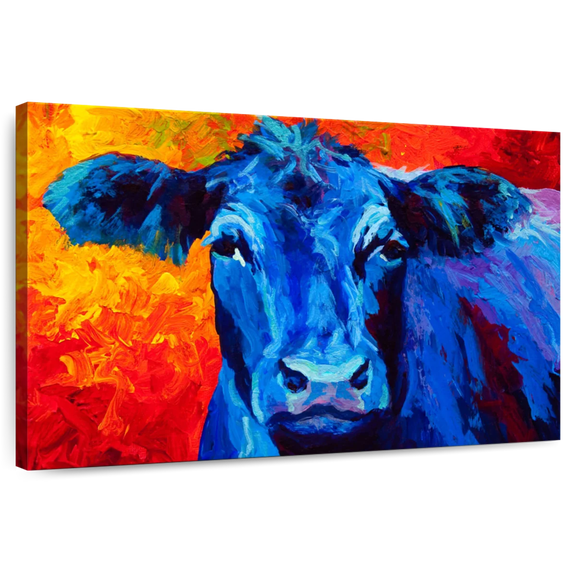 Elephant Stock Blue Cow Wall Art - Horizontal Canvas Wall Art - Living Room Wall Decor - Animal Canvas - Blue And Red Decor By Marion Rose - 36" x 24"