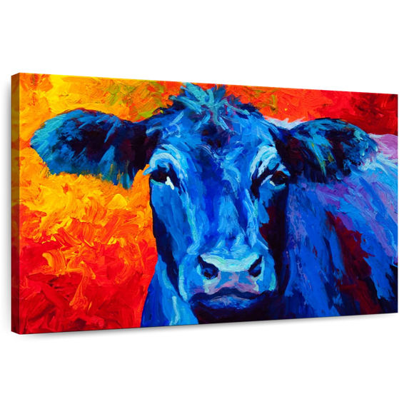 Elephant Stock Blue Cow Wall Art - Horizontal Canvas Wall Art - Living Room Wall Decor - Animal Canvas - Blue And Red Decor By Marion Rose - 51" x 34"