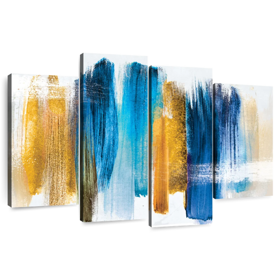Elephant Stock Blue And Gold Abstract Wall Art - Horizontal Multi Panel Canvas - Living Room Wall Decor - Abstract Multi Panel - Blue And Gold Decor - 68" x 42"