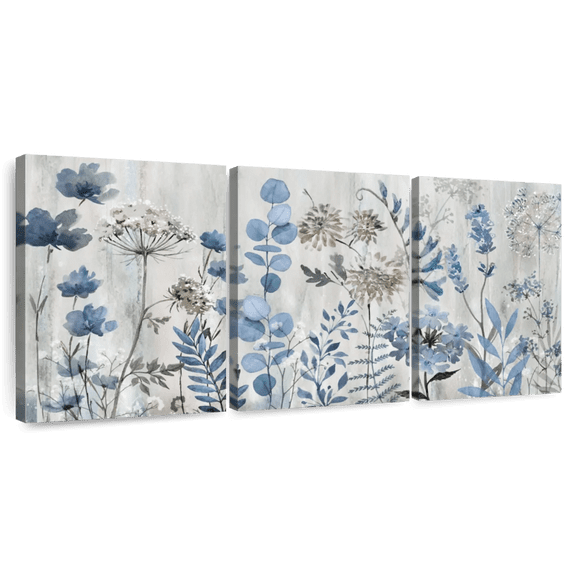 Elephant Stock Blue Meadow Dream'n Wall Art - Horizontal Multi Panel Canvas - Living Room Wall Decor - Floral And Botanical Multi Panel - Gray And Blue Decor By Conrad Knutsen - 26" x 12"